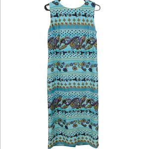 Vintage 90s K Studio Bright Blue Eclectic Floral Paisley Sleeveless Midi Dress
